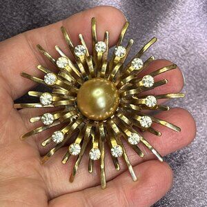 Vintage Faux Pearl and Sparkling Rhinestone Sunburst Brooch Pin
